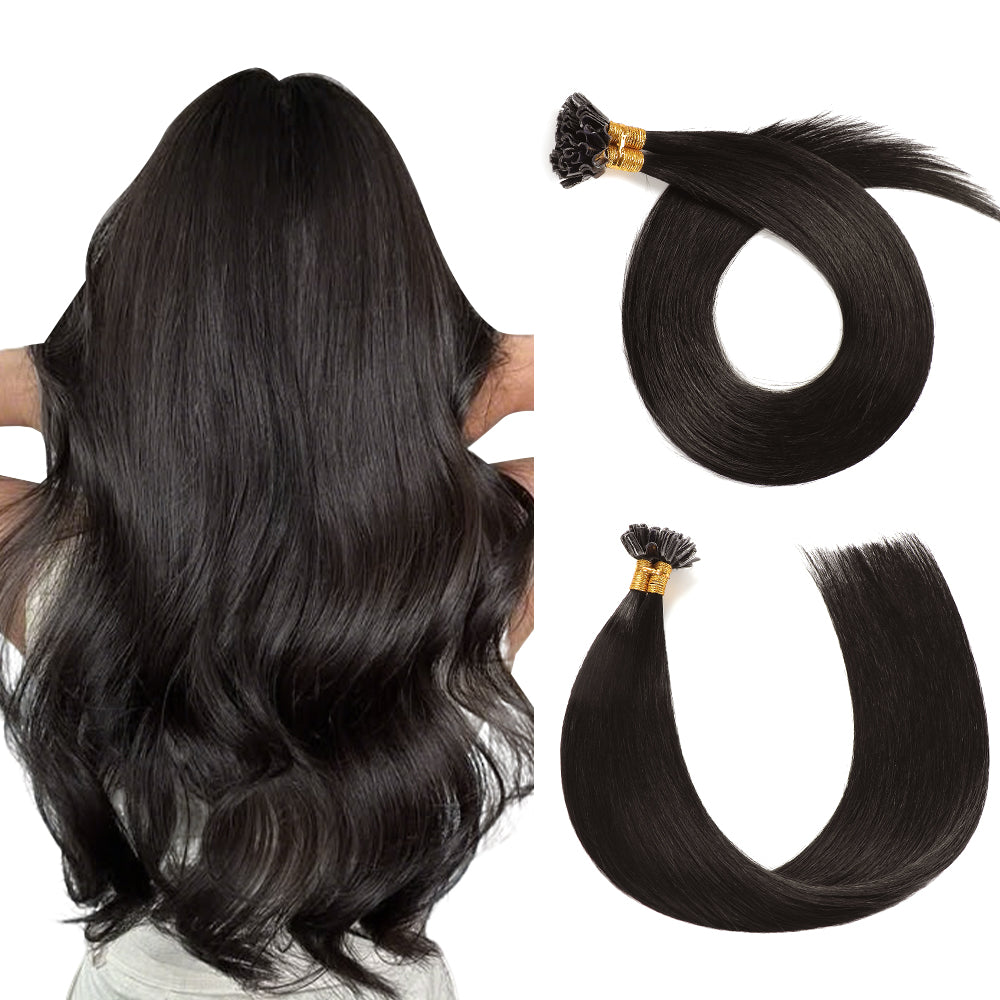 Back view of Realmhair U Tip hair extensions (#1B Natural Black)