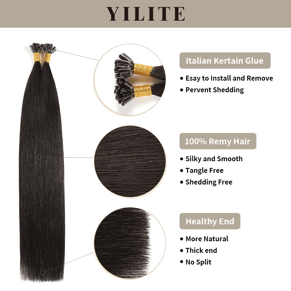 Realmhair U Tip hair extensions with Italian keratin glue, 100% virgin hair, healthy ends (#1B)