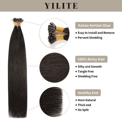 Realmhair U Tip hair extensions with Italian keratin glue, 100% virgin hair, healthy ends (#1B)