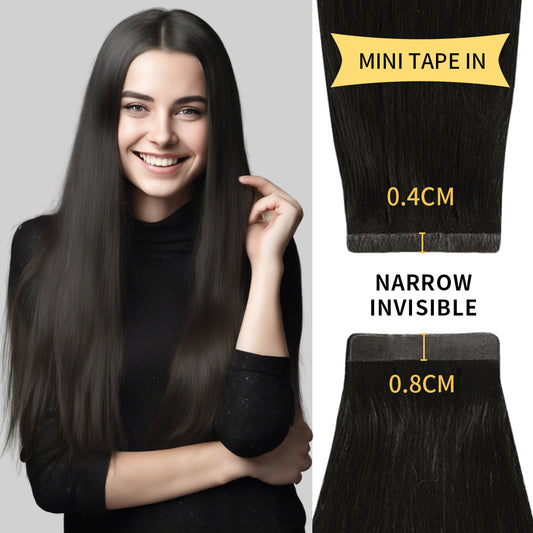 Model wearing narrow mini tape in hair extensions virgin human hair 20Pcs (#1B)