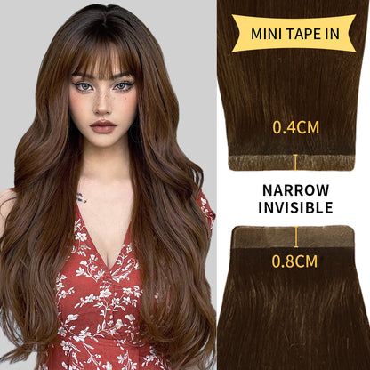 Model wearing narrow mini tape in hair extensions virgin human hair (#4)
