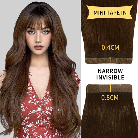 Model wearing narrow mini tape in hair extensions virgin human hair (#4)