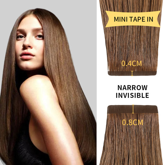 Model wearing narrow mini tape in hair extensions virgin human hair (#6)