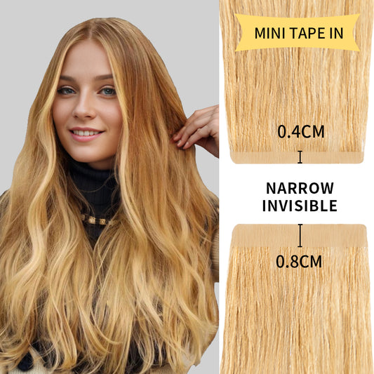 Model wearing narrow mini tape in hair extensions virgin human hair (#27)