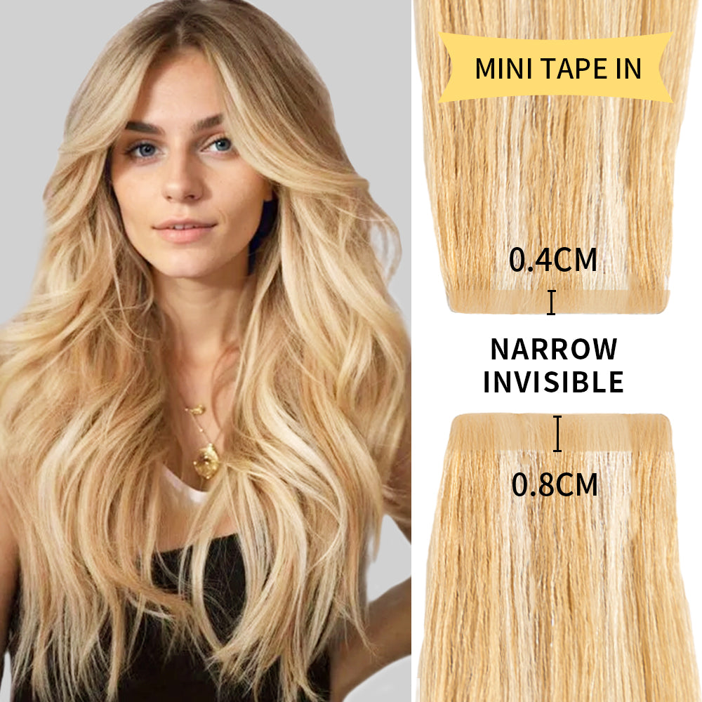 Model wearing narrow mini tape in hair extensions virgin human hair (#P27/613)