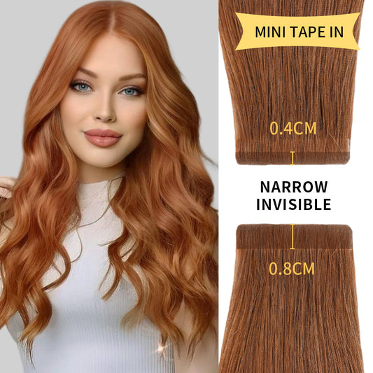 Model wearing narrow mini tape in hair extensions virgin human hair (#33)
