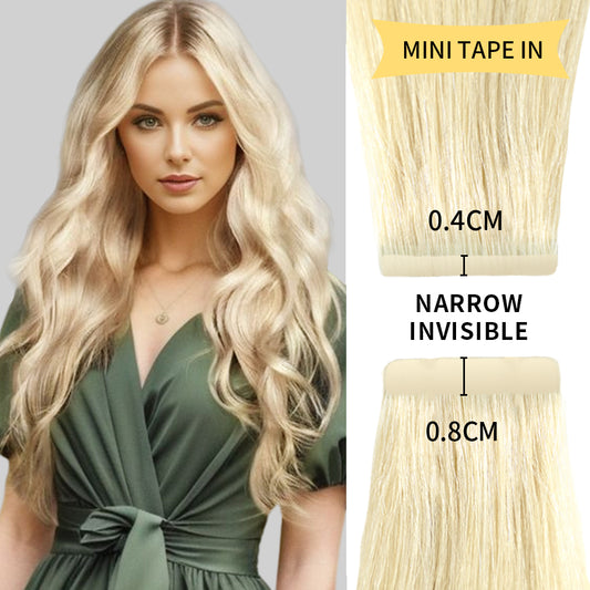 Model wearing narrow mini tape in hair extensions virgin human hair (#60)