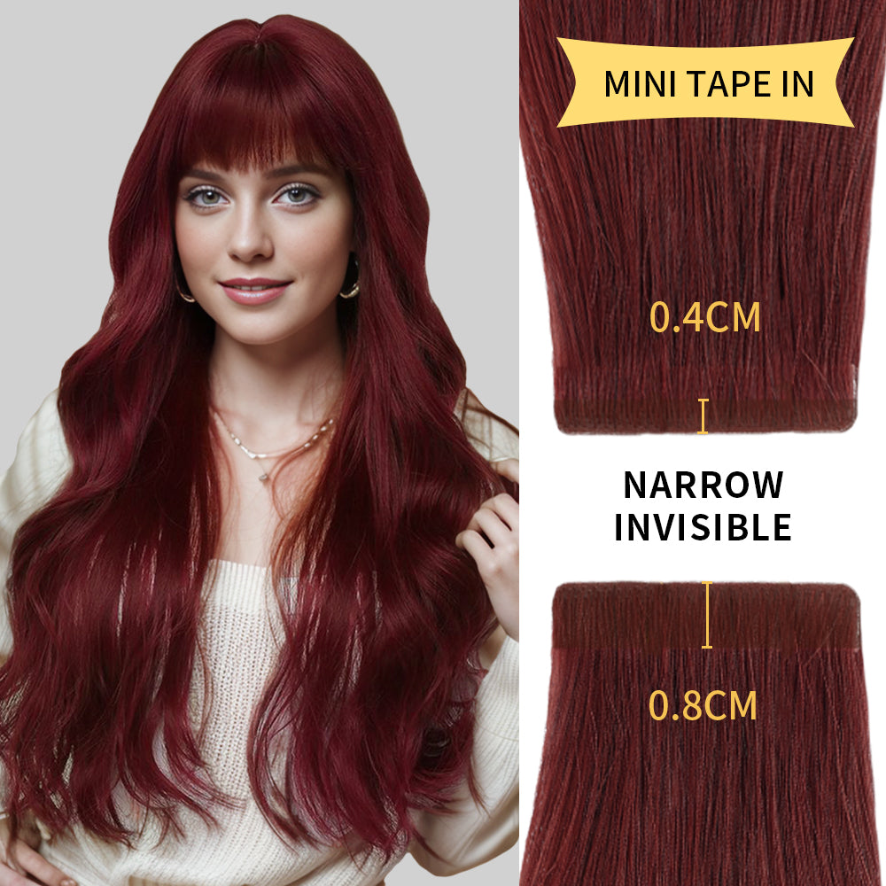 Model wearing narrow mini tape in hair extensions virgin human hair (#99J)