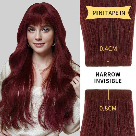Model wearing narrow mini tape in hair extensions virgin human hair (#99J)