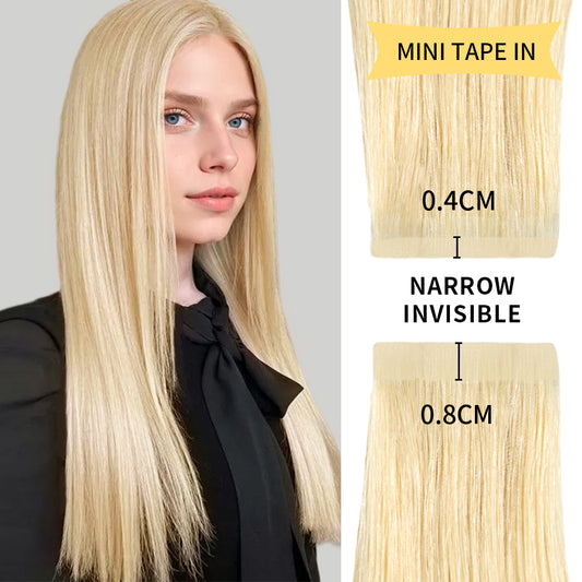 Model wearing narrow mini tape in hair extensions virgin human hair (#613)