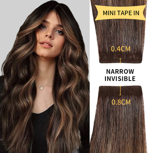 Model wearing narrow mini tape in hair extensions virgin human hair (#P2/6/T2)