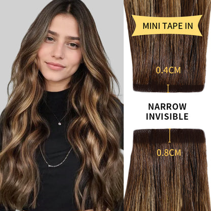 Model wearing narrow mini tape in hair extensions virgin human hair (#P4/27/T4)