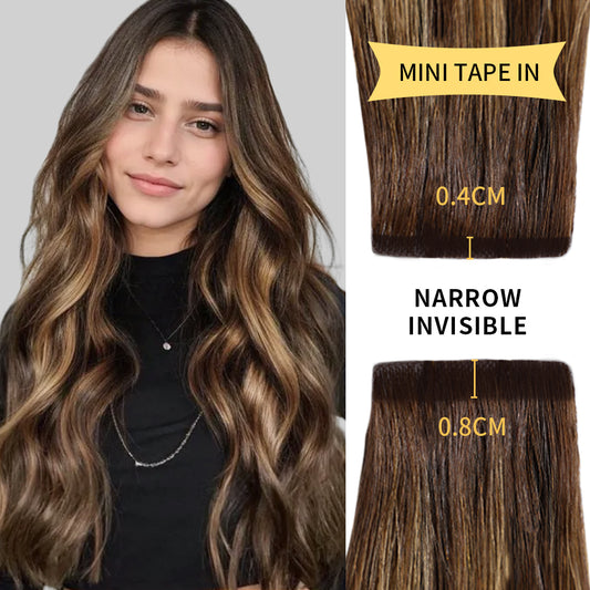 Model wearing narrow mini tape in hair extensions virgin human hair (#P4/27/T4)