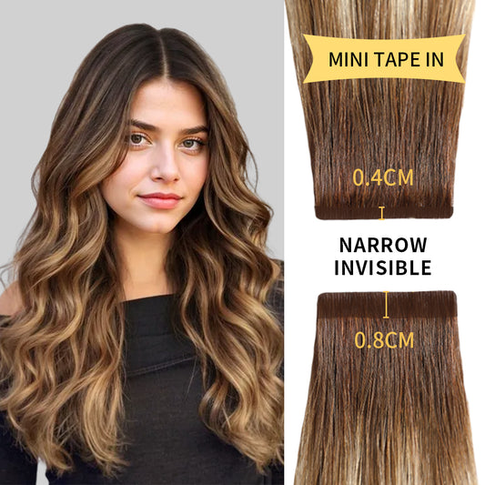 Model wearing narrow mini tape in hair extensions virgin human hair (#P6/613/T4)