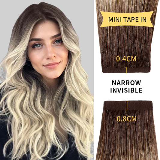 Model wearing narrow mini tape in hair extensions virgin human hair (#T2/60)