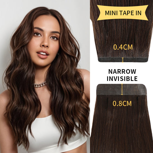 Model wearing narrow mini tape in hair extensions virgin human hair 20Pcs (#2 Darkest Brown)