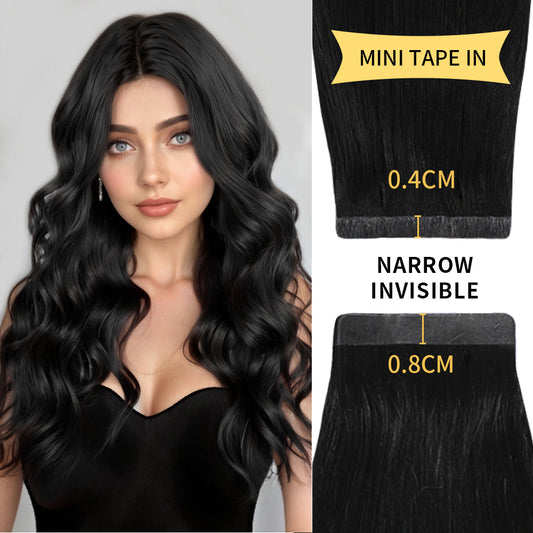 Model wearing narrow mini tape in hair extensions virgin human hair 20Pcs (#1 Jet Black)