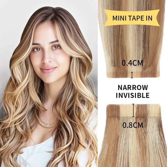 Model wearing narrow mini tape in hair extensions virgin human hair 20Pcs (#P18/613)