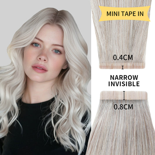Model wearing narrow mini tape in hair extensions Remy human hair 24Pcs (#Silver)