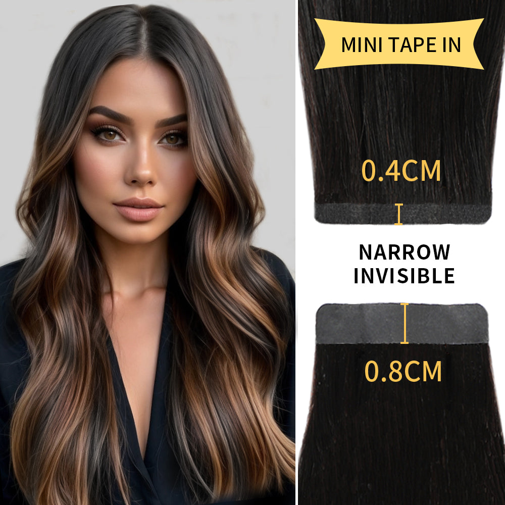 Model wearing narrow mini tape in hair extensions Remy human hair 24Pcs (#P1B/6/T1B)