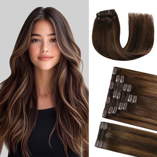 Model wearing classic clip-in hair extensions 9Pcs 20 Clips (#P2/6/T2)