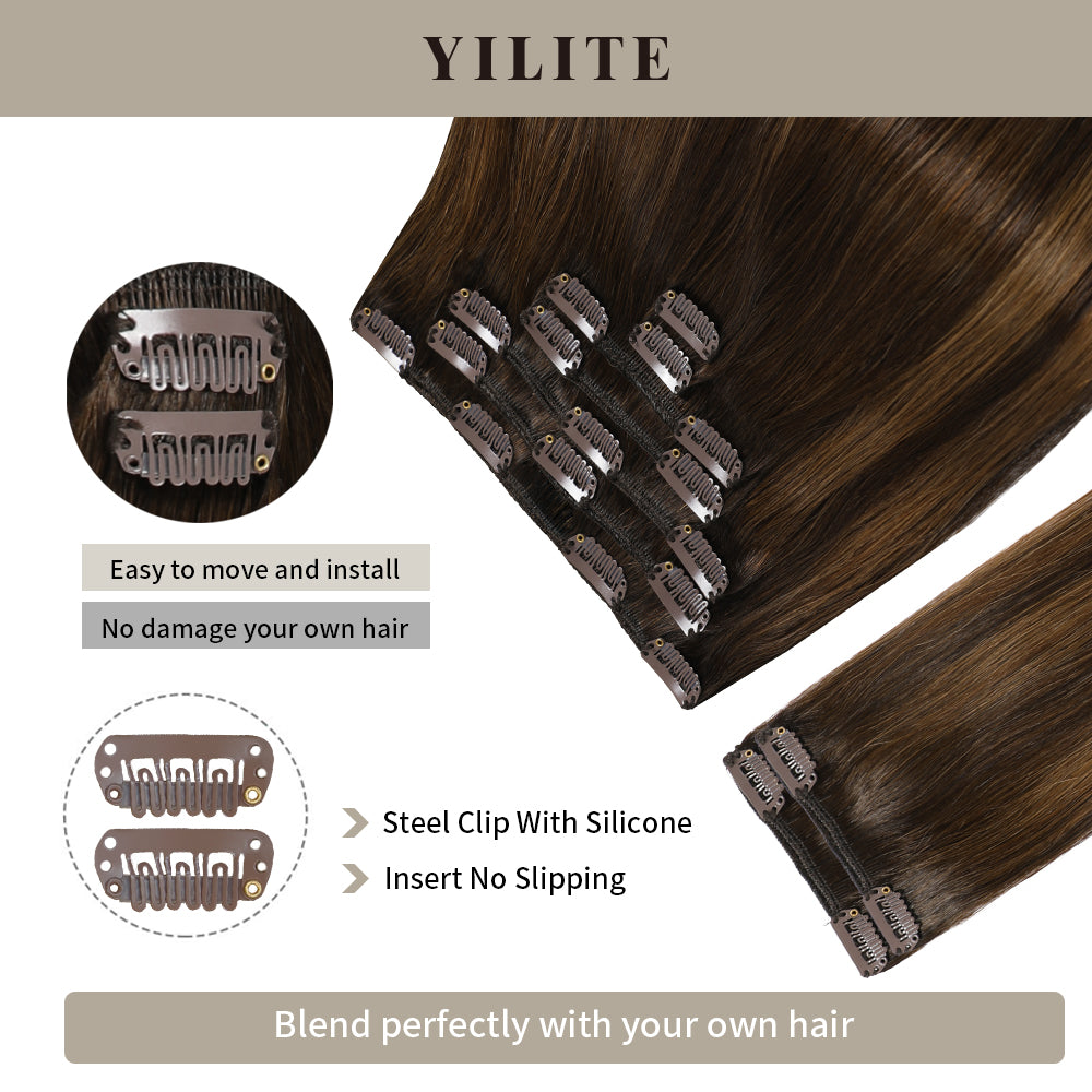 Close-up of seamless clips on 9Pcs 20 Clips clip-in human hair extensions (#P2/6/T2)