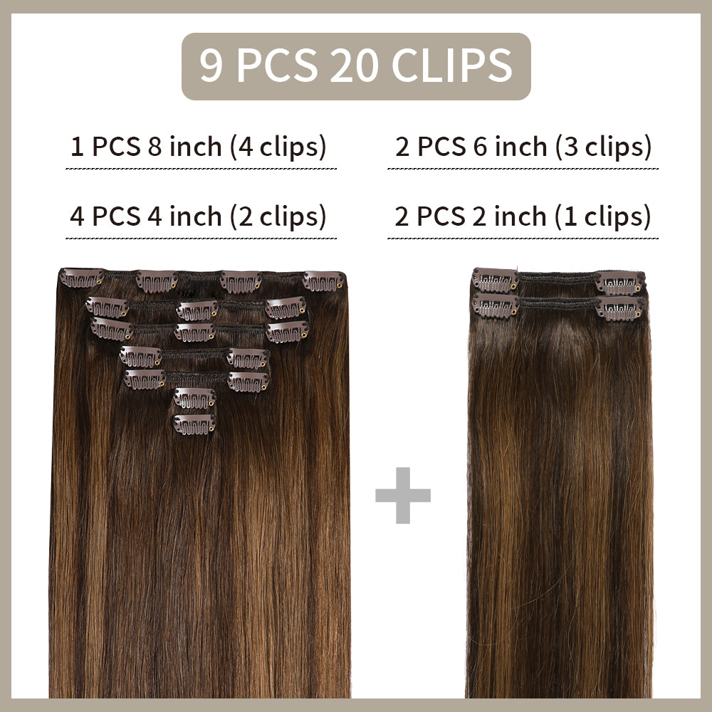 Realmhair classic clip-in extensions 9Pcs 20 clips layout with size and clip count (#P2/6/T2)