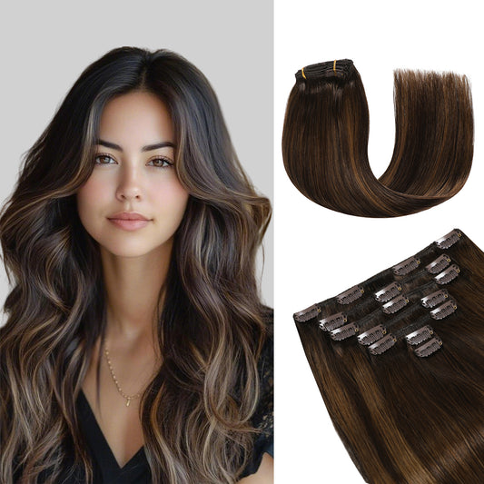 Model showcasing classic clip-in hair extensions 7Pcs 16 Clips (#P2/6/T2)