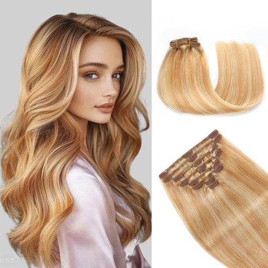 Model wearing  classic clip-in hair extensions 8Pcs 18 clips (#P27/613)
