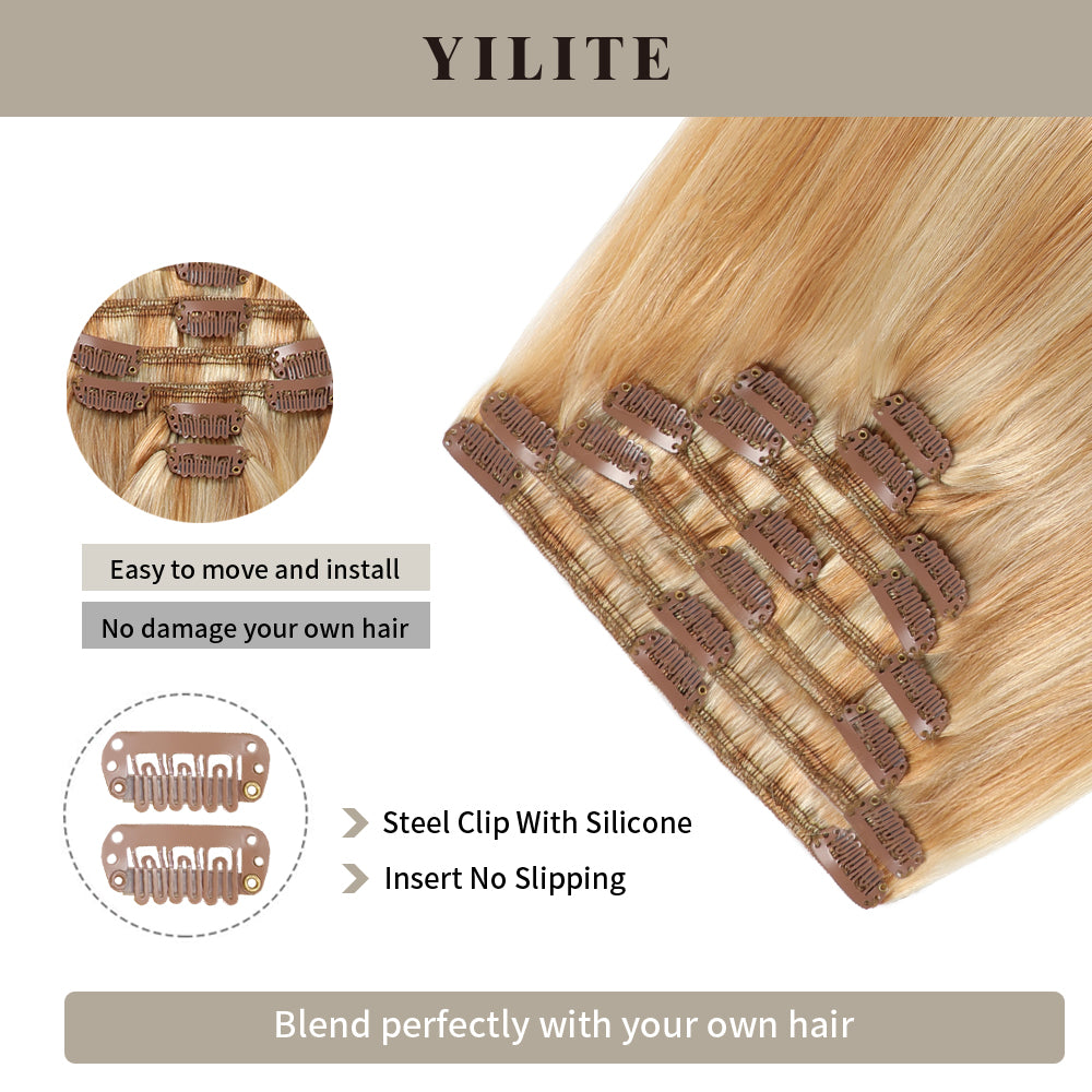 Close-up of seamless clips on 8Pcs 18 Clips clip-in human hair extensions (#P27/613)