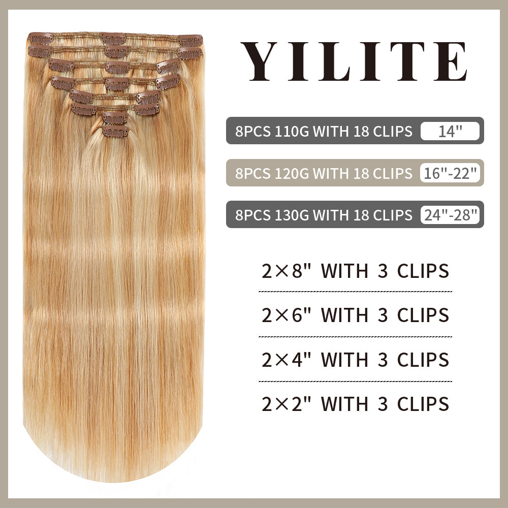 Realmhair clip-in extensions 8pcs 18 clips layout with size and clip count (#P27/613)