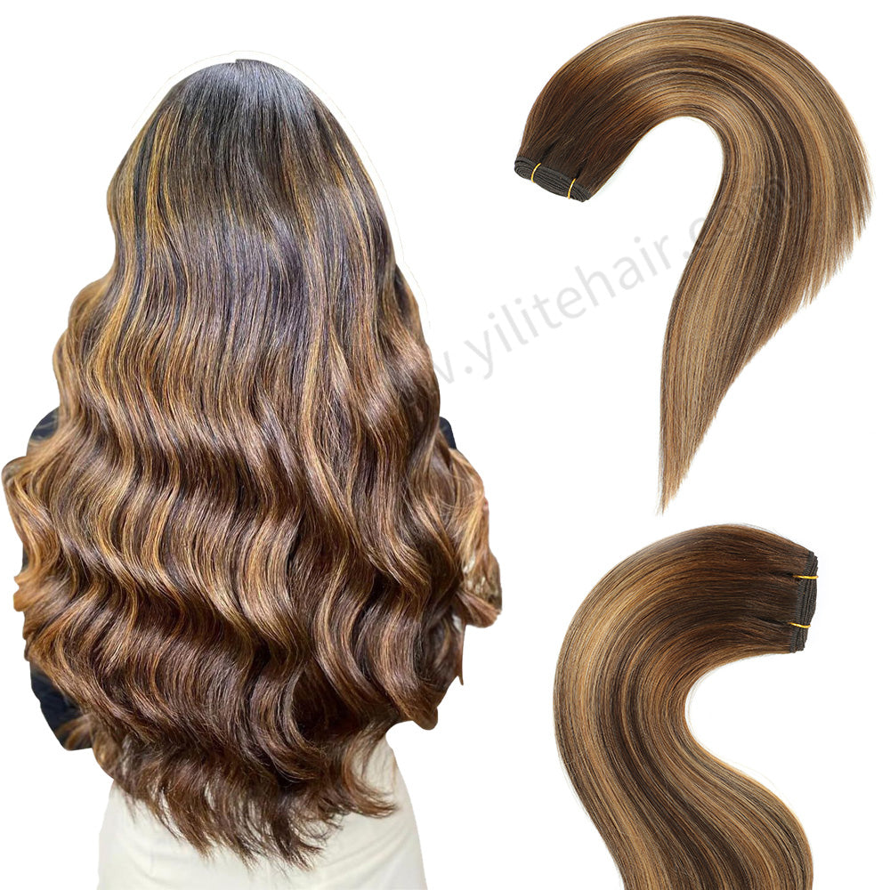 Realmhair #P4/27/T4 sew-in weft hair extensions shown in full back view  