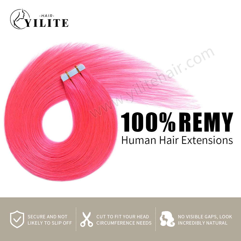 Realmhair Tape In Hair Extensions Tape Ins Invisible Natural Remy Human Hair (#Hot Pink)-Realmhairhair