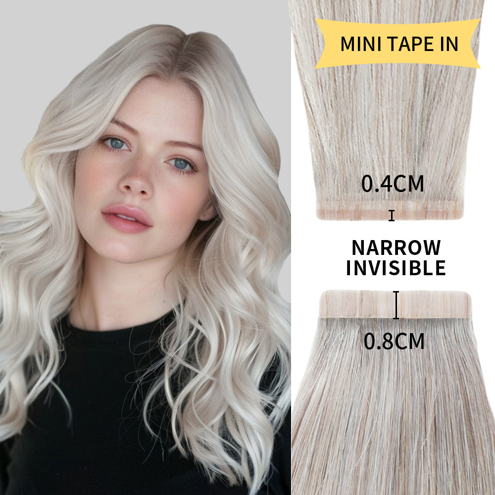 Model wearing narrow mini tape in hair extensions virgin human hair 20Pcs (#Silver)