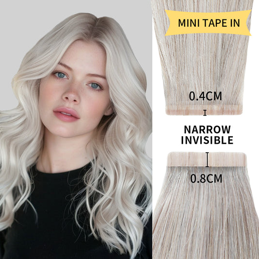 Model wearing narrow mini tape in hair extensions virgin human hair 20Pcs (#Silver)