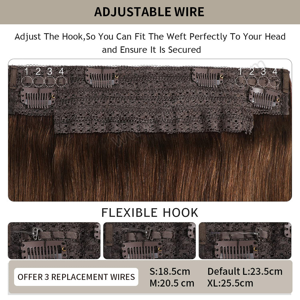 Details about the flexible hook design in #4 and replacement wires in various sizes (S, M, L, XL)