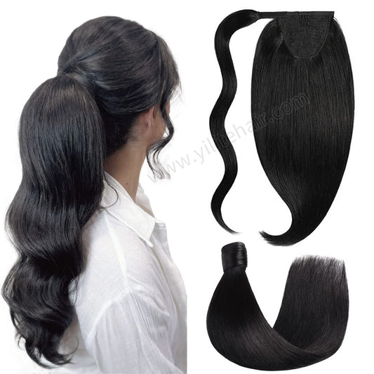 Back view of model showcasing Realmhair ponytail extension with magic paste (#1B Natural Black) 