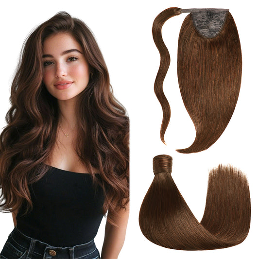 Model showcasing Realmhair ponytail extensions with magic paste(#4 Chocolate Brown)
