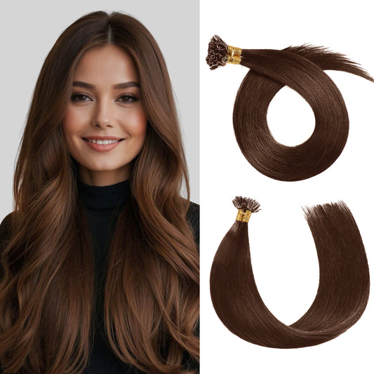 Model wearing Realmhair U Tip hair extensions   (#4 Dark Brown)