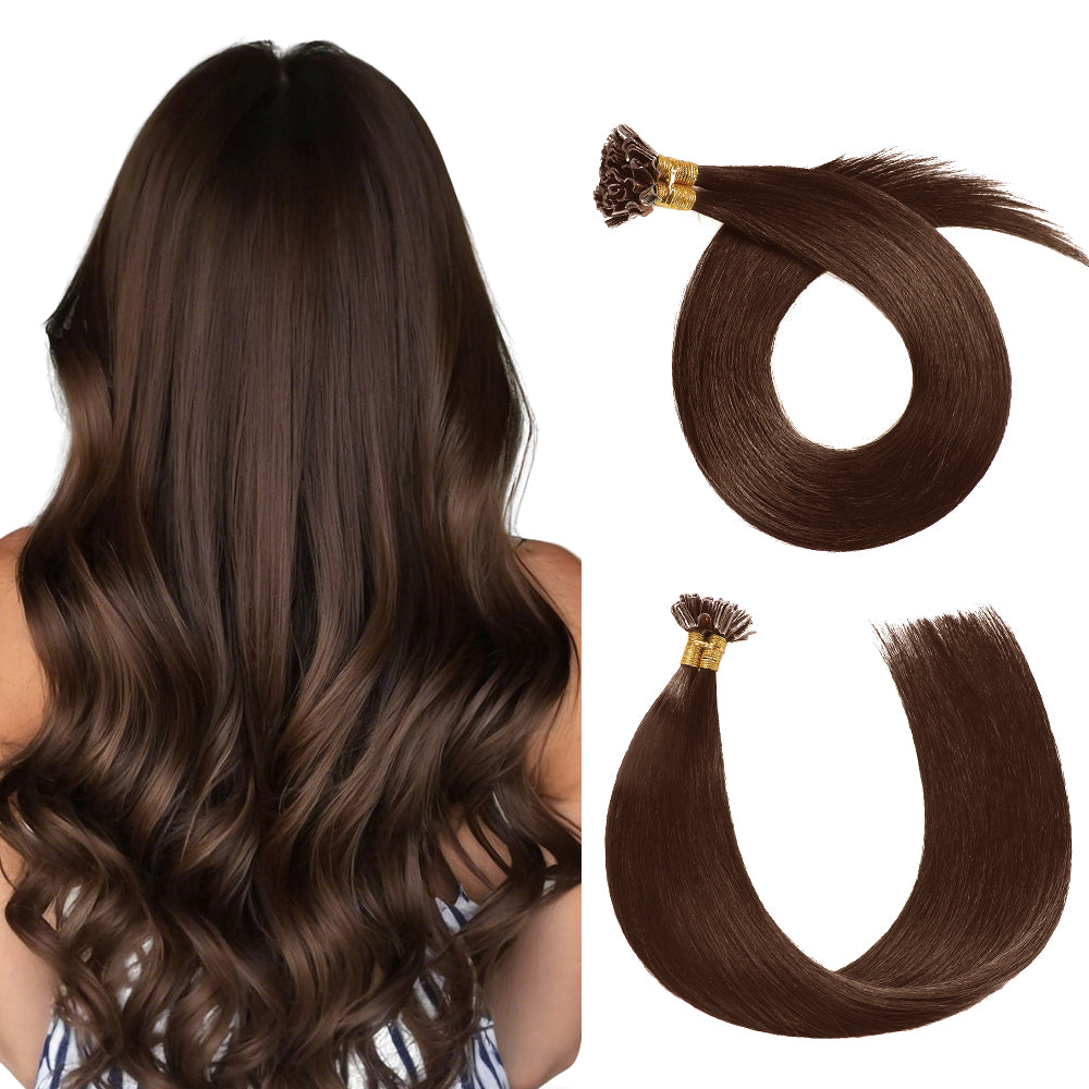 Back view of Realmhair U Tip hair extensions (#4 Dark Brown)