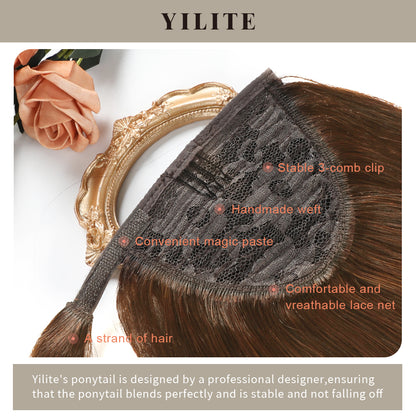 Close-up showing the details of the ponytail extension (#4 Chocolate Brown)