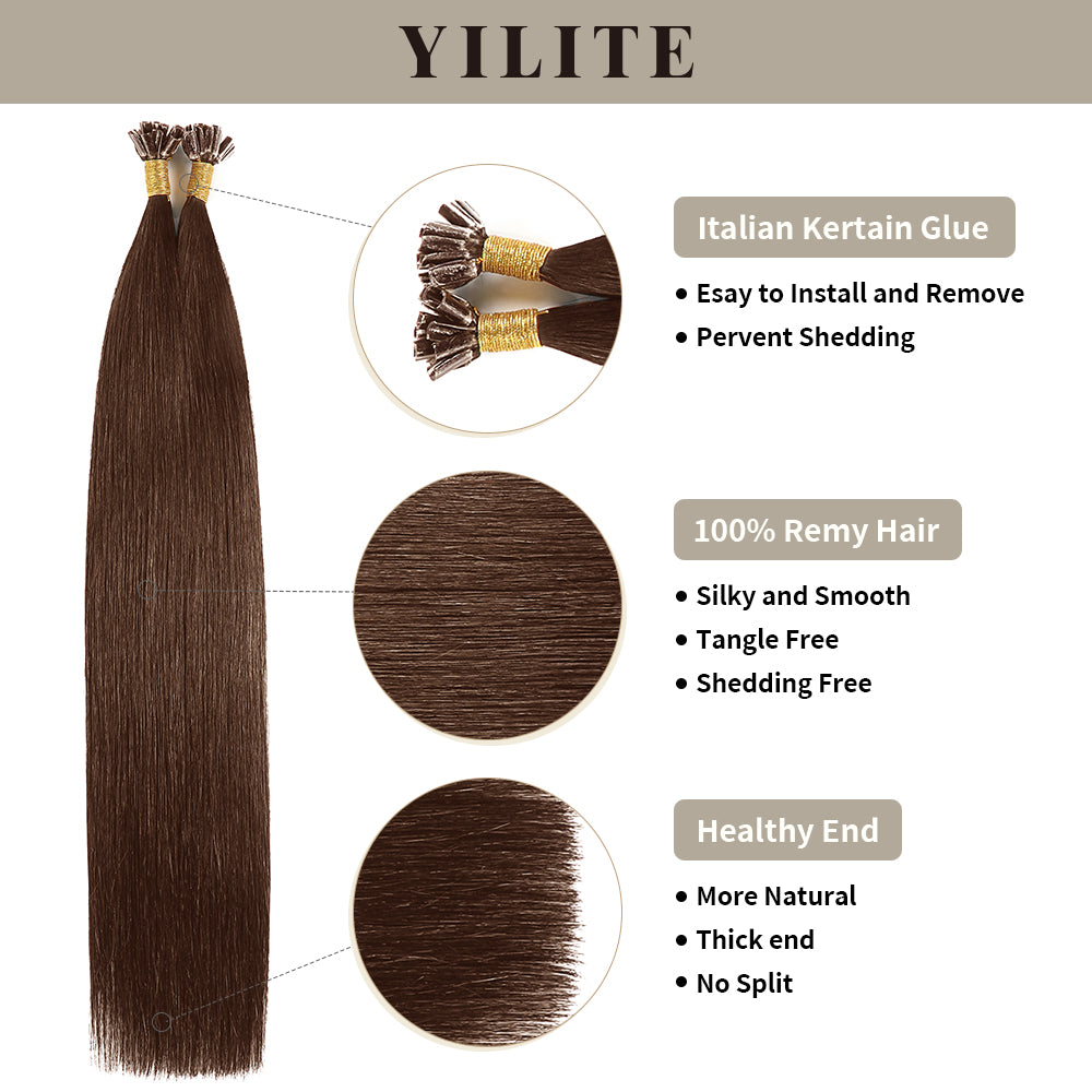Realmhair U Tip hair extensions with Italian keratin glue, 100% virgin hair, healthy ends (#4)