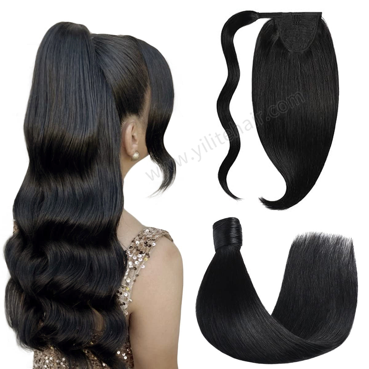 Back view of model showcasing Realmhair ponytail extension with magic paste (#1 Jet Black) 