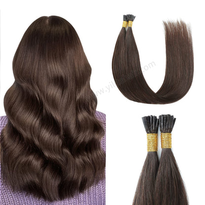 Back view of model wearing Realmhair U Tip hair extensions (#2?Darkest?Brown)