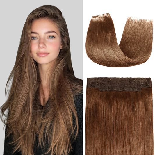 Model showcasing wire extensions in color #6, and a close-up of the hair extensions 