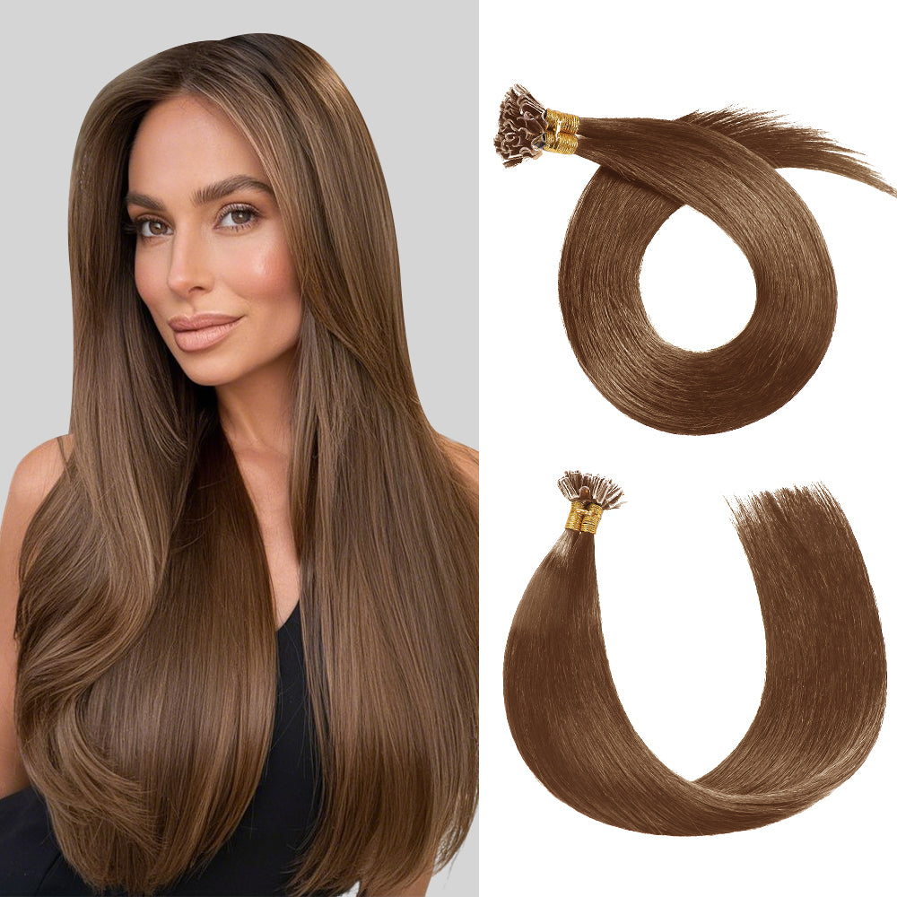 Model wearing Realmhair U Tip hair extensions (#6 Chestnut Brown)