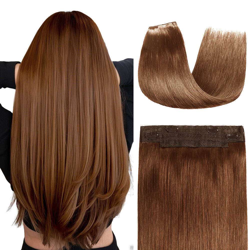 Back view of the model showing wire extensions in color #6, and a close-up of the hair extensions