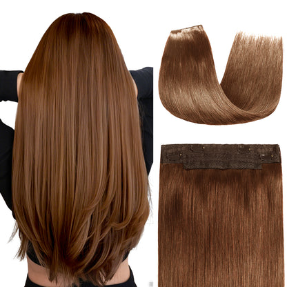 Back view of the model showing wire extensions in color #6, and a close-up of the hair extensions