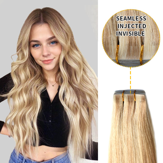 Model wearing seamless invisible tape in hair extensions 20Pcs (P18/613)