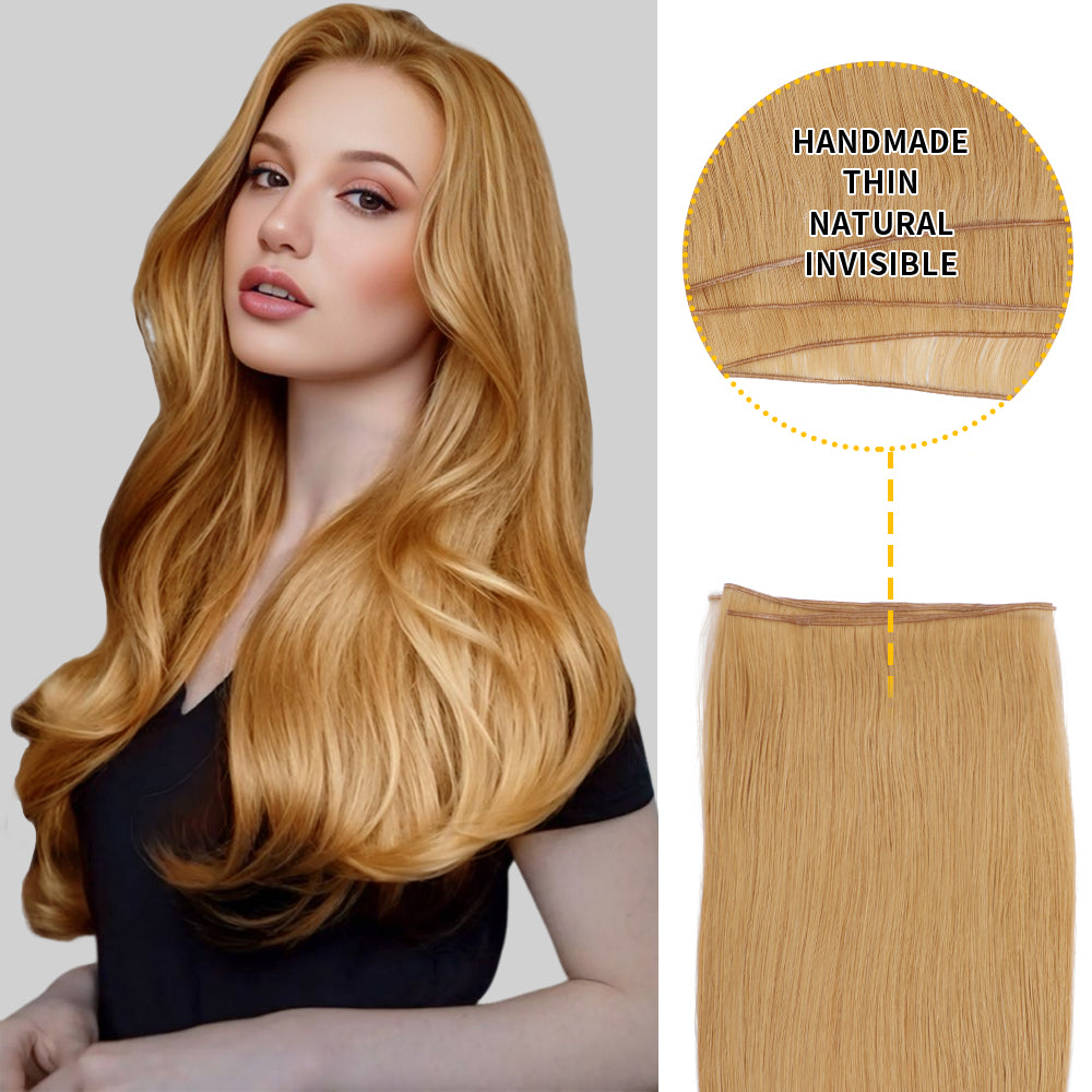 Model showcasing genius weft in color #27, and a close-up of the invisible thin weft 